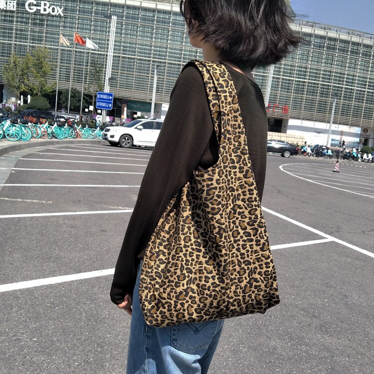 Women Canvas Vest Shoulder Bags Leopard Printing Shopping Bags Girls Casual Cotton Cloth Eco Reusable Handbags Tote