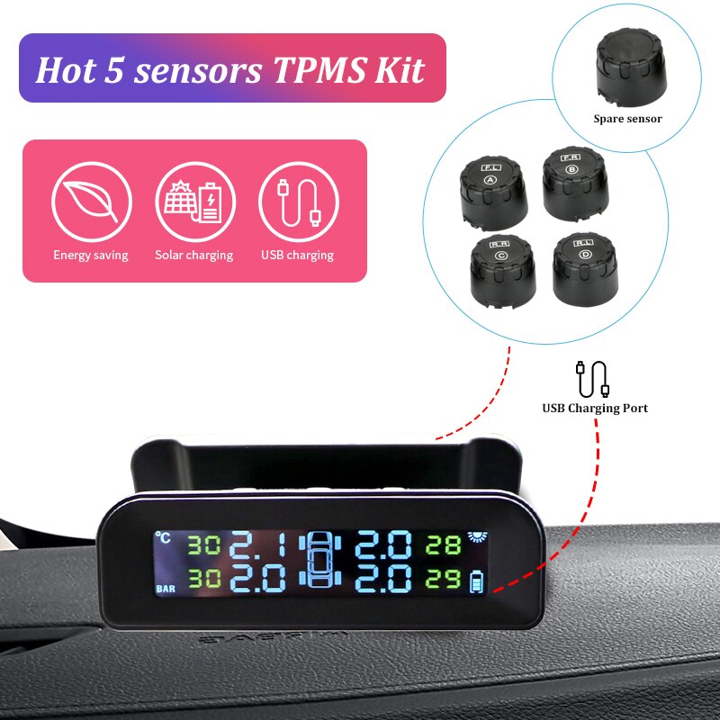 Develuck Car Tire Pressure Monitor System Solar Power Adjustable LCD Screen Automatic Brightness Control Wireless 5 Tire TPMS