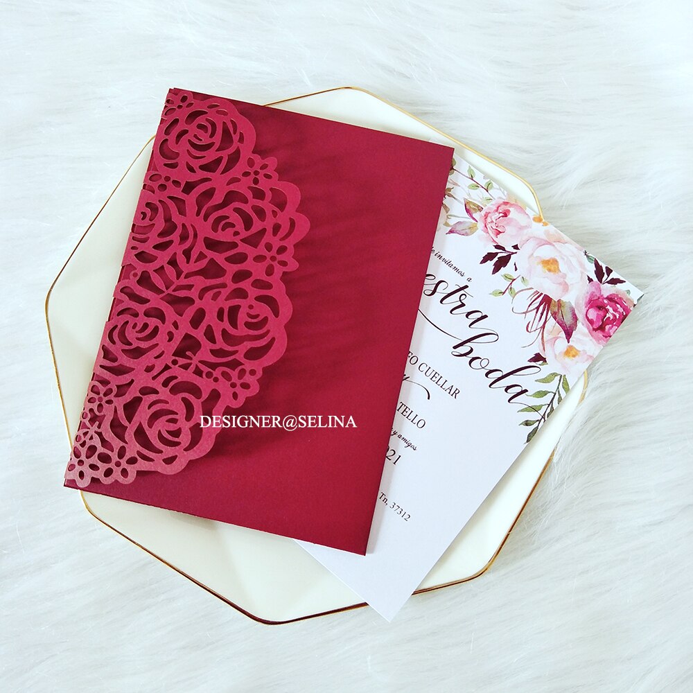 Burgundy Flower Print Wedding Invitation With Information Card And Envelope DIY Greeting Cards For Announcement Party