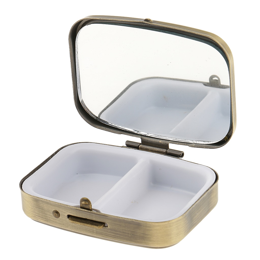 Pill Box With Mirror- Compact 2 Compartments Medicine Case Pill Box for Pocket or Purse, Retro Metal