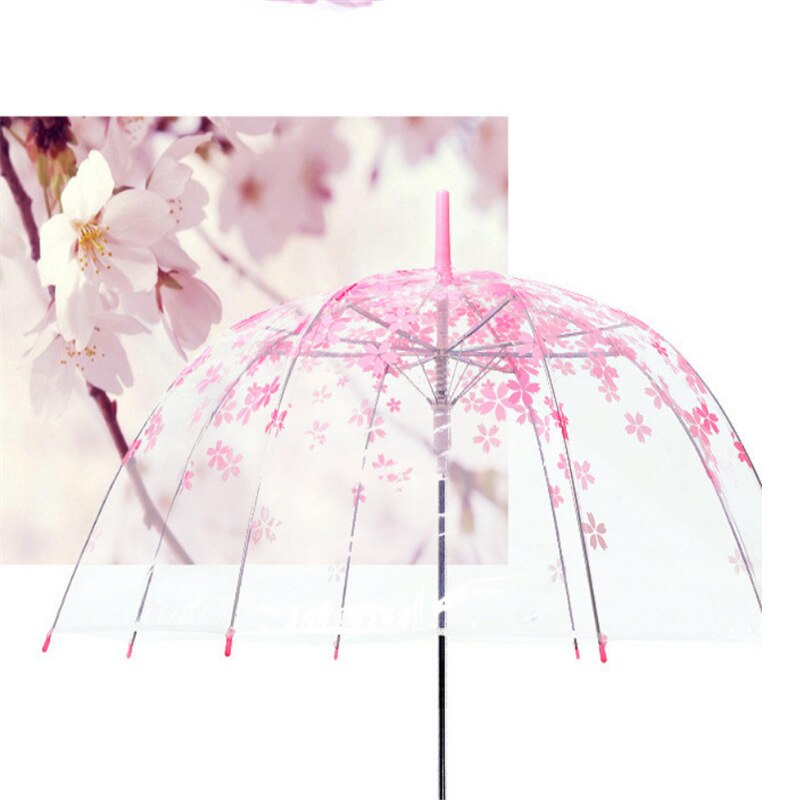 Gennemsigtig sakura paraplyer langhånds halvautomatisk børneparaply klar kirsebærblomst regnparaply til piger