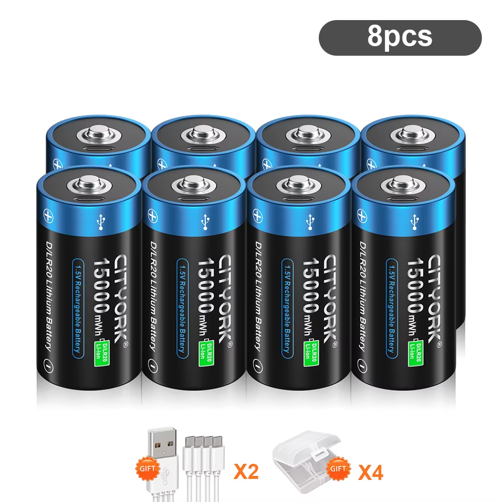CITYORK-batería de litio recargable tamaño D, 1,5 V, carga USB, baterías de iones de litio R20 LR20 con USB para estufa de Gas, linterna de agua