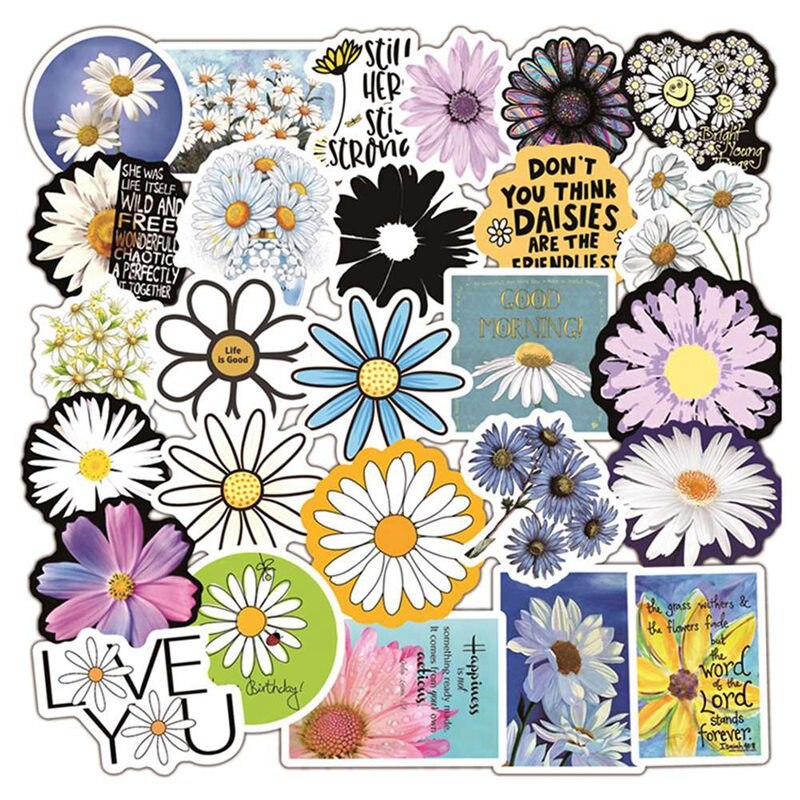 50Pcs Cartoon Colorful Small Daisies Chrysanthemum Decal StickersVinyl For Guitar Laptop Skateboard Cartoon Waterproof Sticker: Default Title