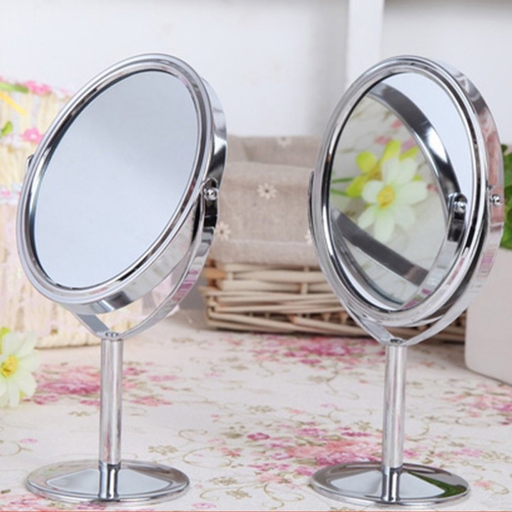 Dubbele Gezicht Dressing Spiegel 360 Graden Roterende Draagbare Mini Cosmetische Make-Up Spiegel Zilver Ronde Vergroot Spiegels Make Up Tool