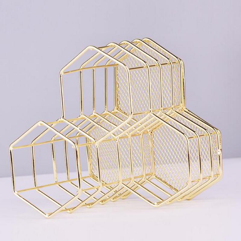 Makeup Brush Holder Hexagon Vase Metal Mesh Basket Desk Organizer Wire Golden Pen Pencil Hollow Holder Beauty Makeup Kit