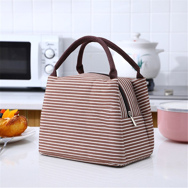 Lunch Bag Kid Women Men Thermal Insulation Waterproof Portable Picnic Insulated Food Storage Box Tote Lunch Bag: 04 Coffee Striped