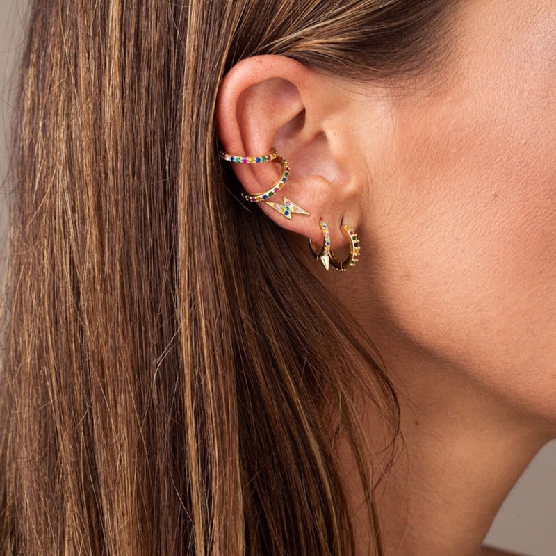 Peri'sBox 5 Designs Colorful Lightning Small Hoop Earrings CZ Stone Long Bar Geometric Earrings for Women Circle Dainty Earrings
