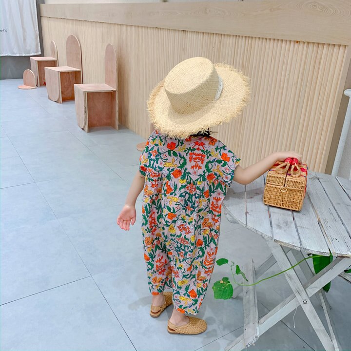 Macacão infantil para verão, roupas florais para meninas, macacão casual japones e coreano para bebês e crianças 2020