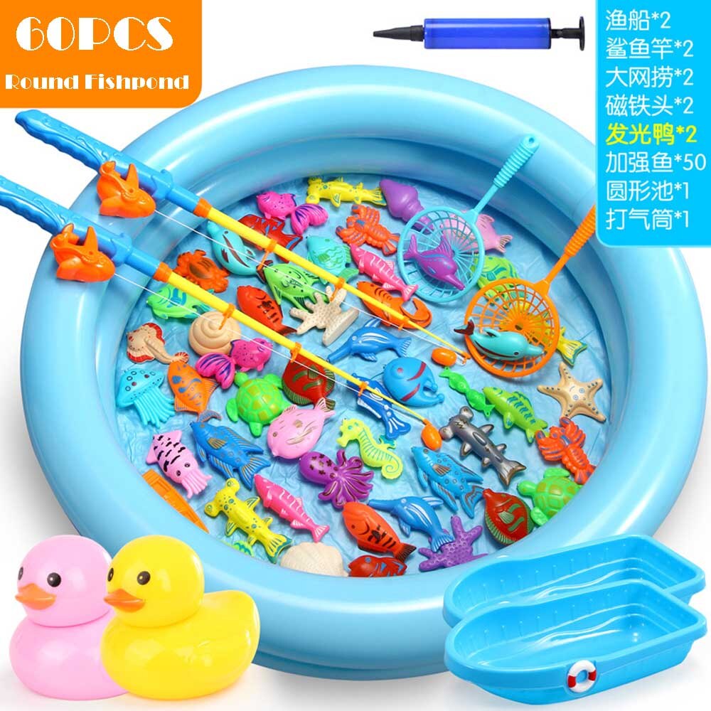 15-68PCS Kids Magnetic Fishing Toy Set Baby Water Toys with Inflatable Pool Magnet Fishing Rod Classic Toys for Children: 60pcs round pool