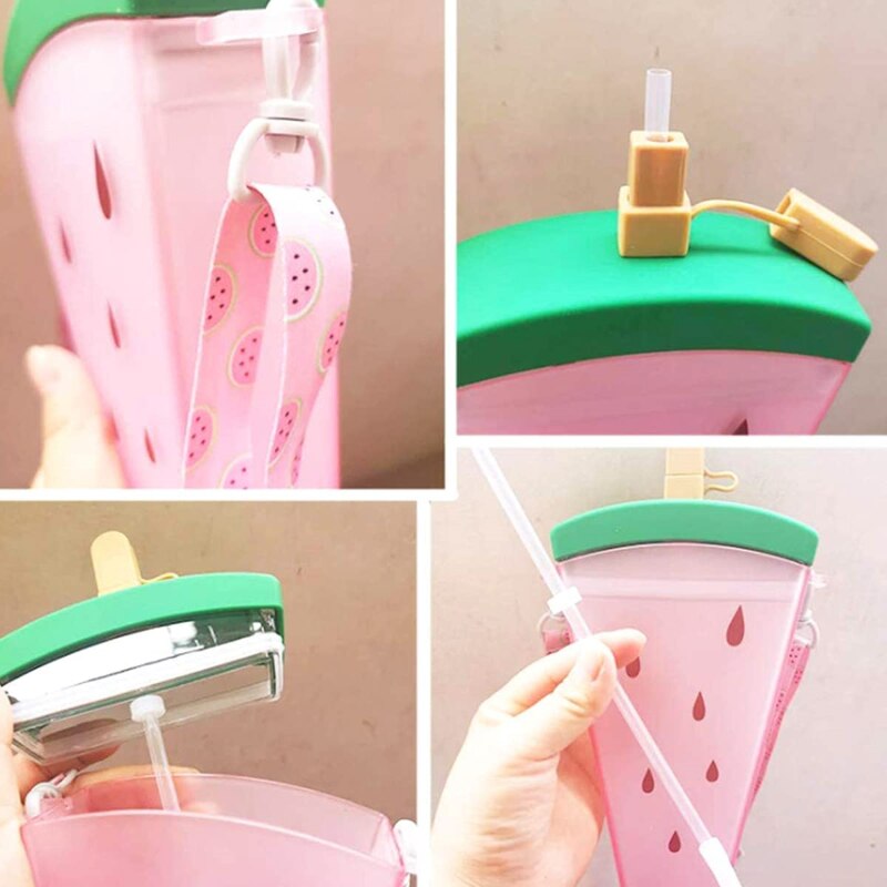 Plastic Water Bottles Cute Watermelon Ice Cream Water Bottle With Straw Bottle Anti-fall Portable Popsicle Cup Kids Water