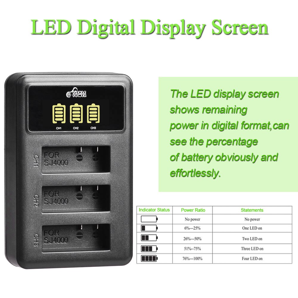 3Pcs PG1050 Actie Camera Batterij + 3 Poorten Led Charger Voor Sjcam SJ4000 SJ5000X Eken H9 H9R H8R H8