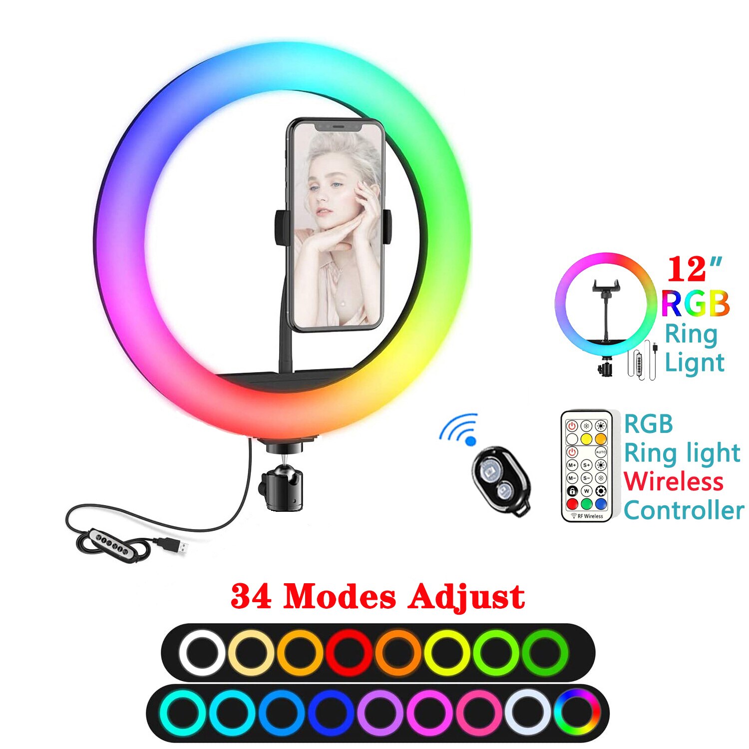 Anneau lumineux Led RGB avec trépied et support de téléphone, éclairage annulaire de Table pour Selfie, lampe de remplissage pour photographie, vidéo, vidéo, vidéo live: only 12in lights