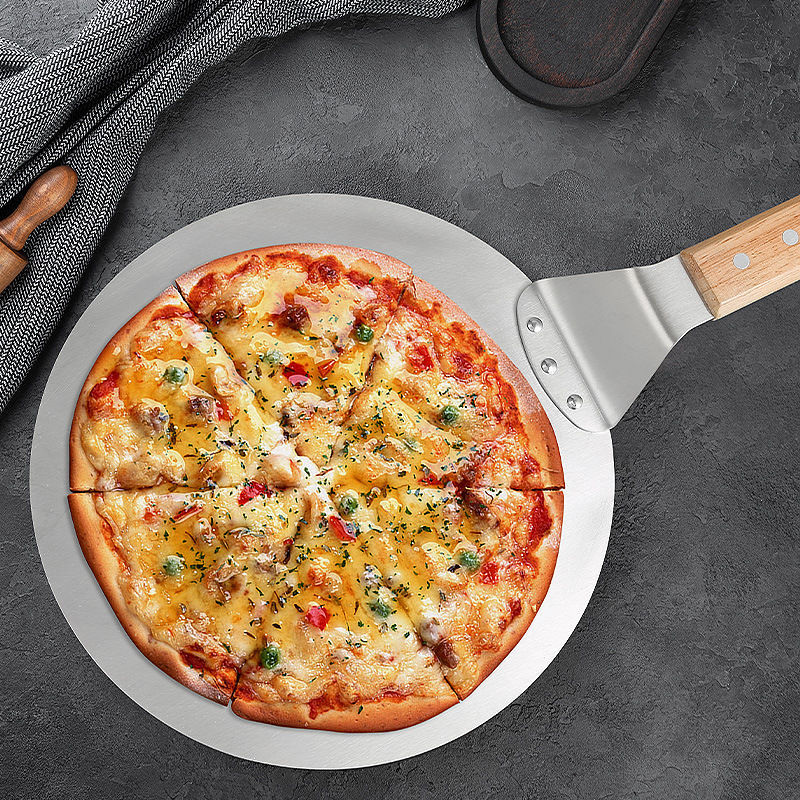 Pizza Tool Set Pizza 10/12 inch Schop Gebak Gereedschap Roestvrij Staal Houten Handvat Schil Ronde Anti-brandwonden Pan Bakvormen Maker