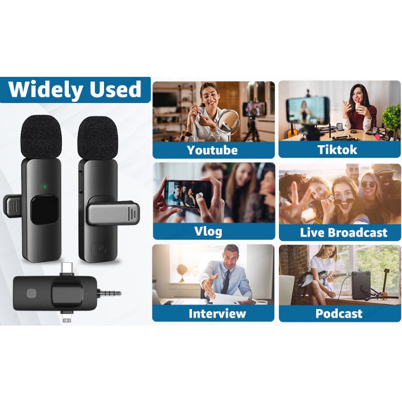 4 In 1 Wireless Lavalier Microphone for iPhone Android 3.5mm for Radio Live Recording Noise Reduction Mini Microph