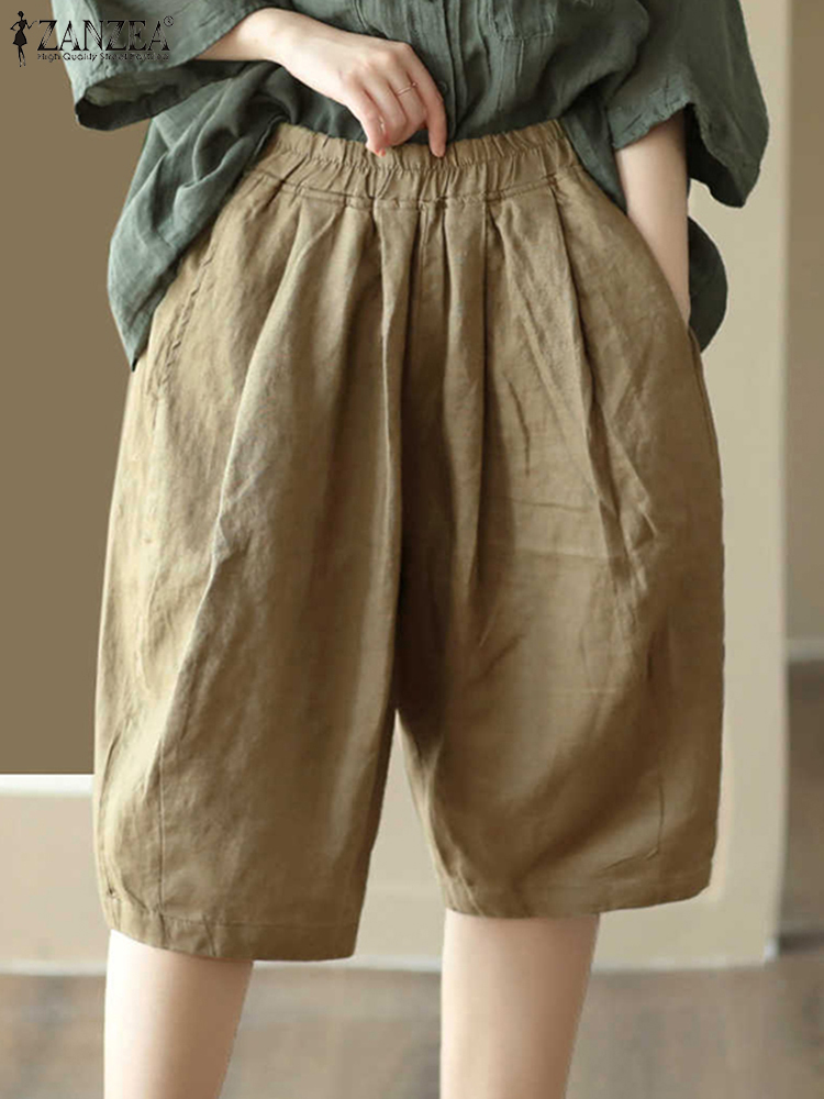 Zanzea sommar koreanska pantalons dam korta byxor elastisk midja veckade shorts avslappnade lösa bomullsbyxor: S / Kaki