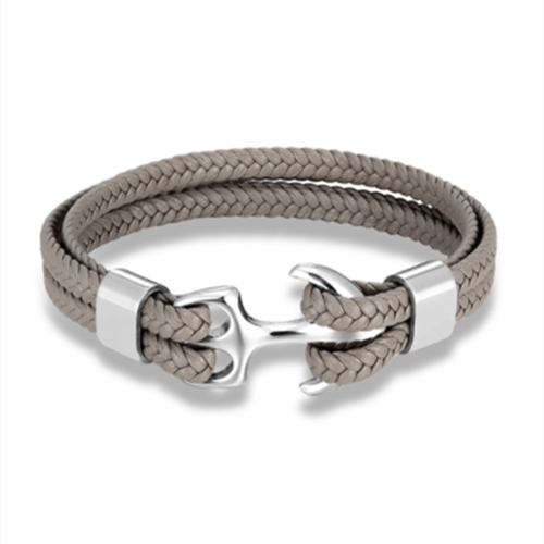 Mkendn Mode Lederen Armband Voor Mannen Black Braid Multilayer Touw Ketting Rvs Anker Mannelijke Sieraden Pulseras: Silver Gray / 19Cm