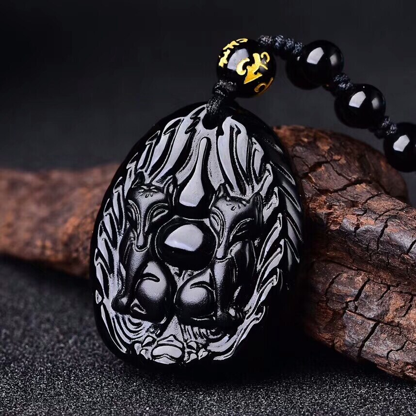 Natural Obsidian fox jade Pendant Beads Necklace Charm Jewellery Accessories Hand-Carved Man Lucky Amulet