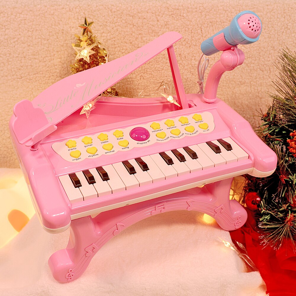 Quercitron låve elektronisk mini piano leketøy med mikrofon og telefonstativ til baby jenter 24 nøkler tastatur rosa musikk læringe