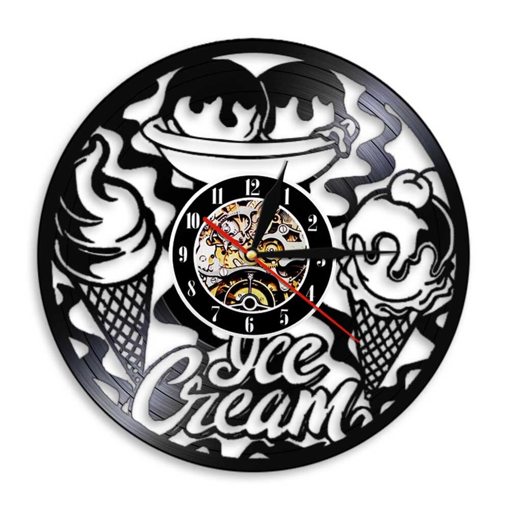 Ijssalon, bedrijfsbord, wandklok, keukendecoratie, moderne ijshoorn, dessert, vintage vinylplaat, wandklok: Zonder led