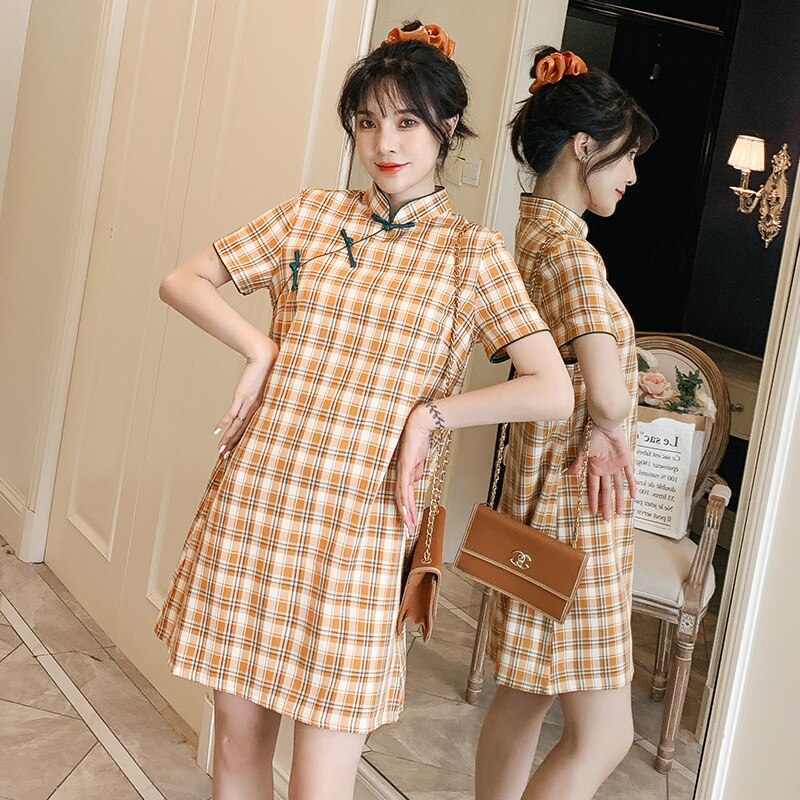 Plus Size M-4XL Yellow Check Loose Modern Cheongsam Dress Women Short Sleeve Qipao Traditional Chinese Clothes