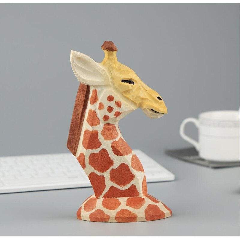 3D Animal Head Wood Carving Toy Ornaments Wood Hand Carved Jewelry Eyeglass Holder Giraffe Elk Office Desk Home Decor