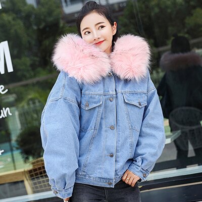 À capuche Fourrure Vestes En Jean Femme Doublure Coton Hiver Plus Épais Denim Manteaux Dames décontracté Veste Femme grande taille vêtements coupe large Haut: pink / S
