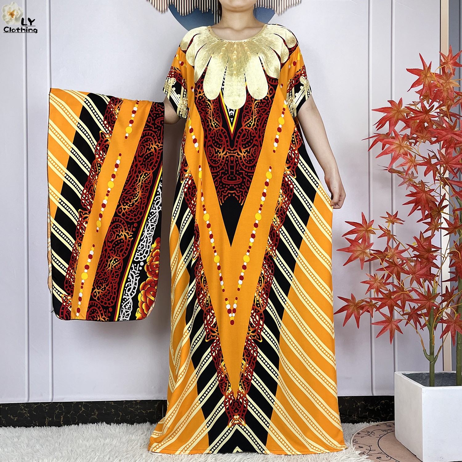Vestidos maxi de algodão solto com lenço de cabeça para mulheres muçulmanas, vestidos casuais muçulmanos, manga curta, estampa floral, kaftan africano, islamismo, novo, verão: CINZA