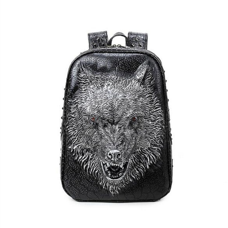 Stilfulde rygsække 3d ulv hoved rygsæk specielle seje skuldertasker til teenagepiger pu læder laptop skoletasker: Sølv