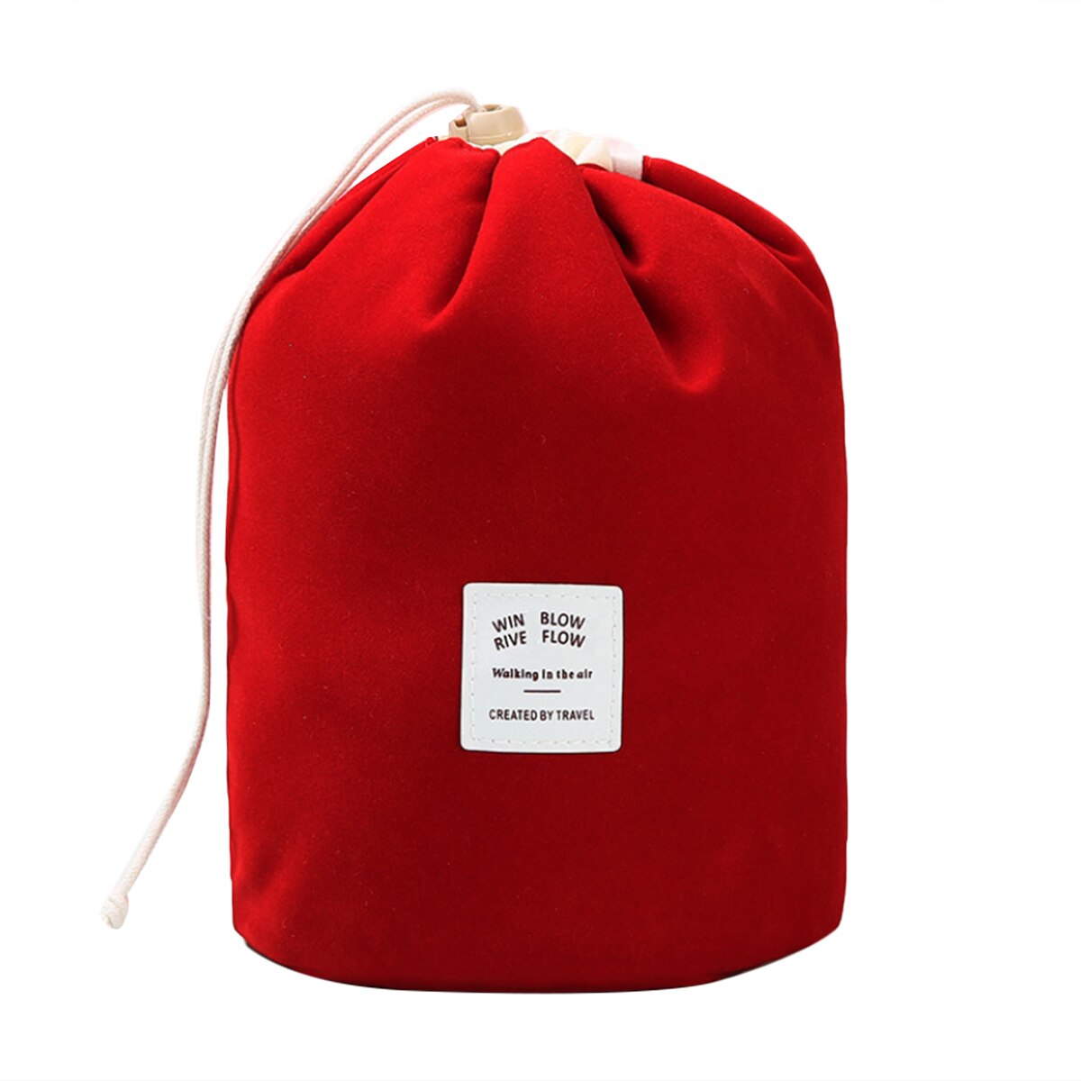 Flannel Cylinder Drawstring Storage Bag Large Capacity Convenient Travel Cosmetics Storage Bag: Red