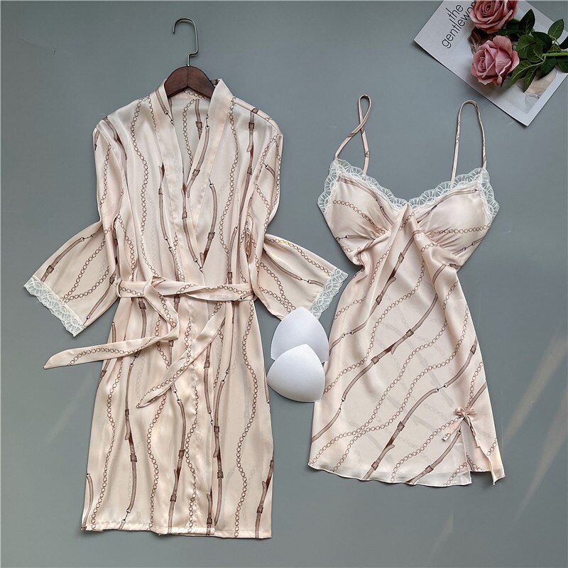 2PCS Robe Suit Satin Women Kimono Gown Bridal Wedding Bathrobe Set Rayon Sexy Loose Sleepwear Intimate Lingerie Lounge Nightwear: Pink / M