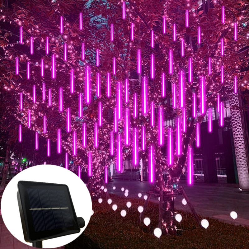Guirlande lumineuse Led, décoration extérieure de noël pour arbre de jardin, 8 tubes 30/50cm, pluie de météores solaire, lumière féerique de: Rose / 0-5W