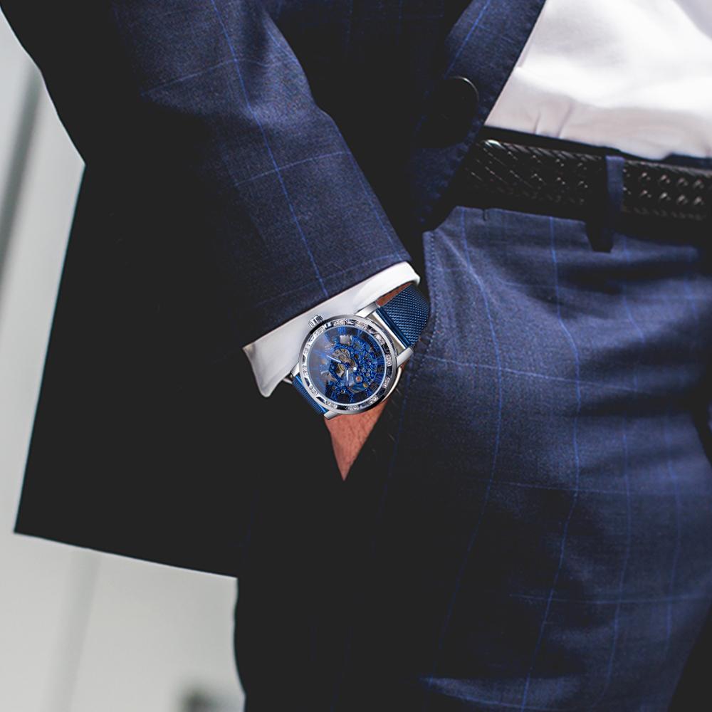 Winnaar Diamond Display Mannen Business Klok Blauw Staal Mechanische Classic Royal Versnelling Beweging Mechanische Skeleton Horloge