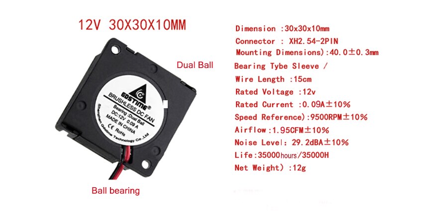 1 Pc 30 Mm 3D Printer Fan 5V12V 24V 3010 Blower Printer Cooling Accessoires Dc Turbo Ventilator Radial fans 30*30*10 Mm: 12v ball Bearing