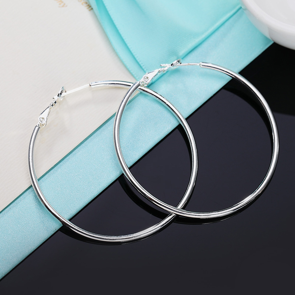 Echte 925 Zilveren Ronde Cirkel Hoop Oorbellen Sieraden Voor Vrouwen Dunne Kleine Big Hoops 50 MM 60 MM 70 MM 80 MM