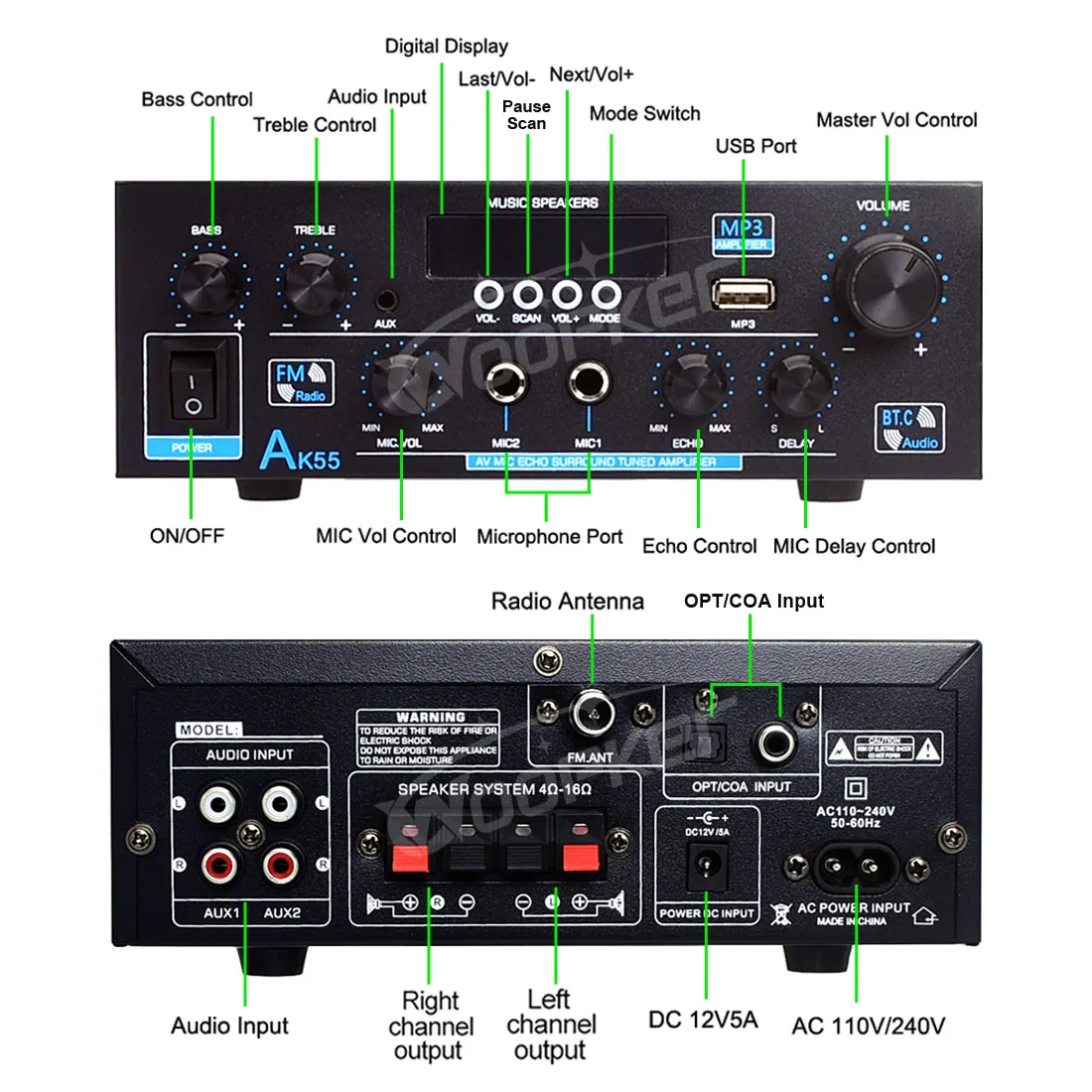 Woopker AK55/AK45 Pro/AK390/AK380 Sound Amplifier Bluetooth Amplifier HiFi Digital Audio Subwoofer 2 Channel FM USB Home Theater