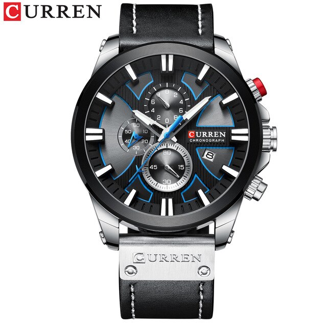 Curren horloge chronograaf sport herenhorloges quartz horloge leren heren polshorloge relogio masculino gif: Zilver