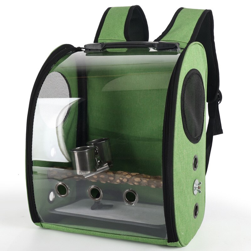 Mochila transpirable para pajaros y loros, bolsa ligera de viaje al aire libre para mascotas, soporte de cinturón lateral duro con taza de comida y pájaros: Green2