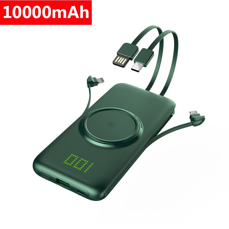 20000mAh Qi Wireless Charger Power Bank For Xiaomi iPhone Samsung Powerbank Built-in Cables External Battery Wireless Power Bank: 10000mAh Green