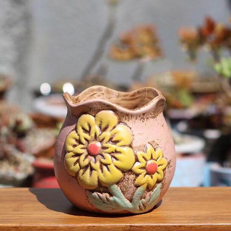 Keramisk blomsterpotte håndmalet saftig plantepotte groft keramik blomstermønster vase haven bonsai potter: 4