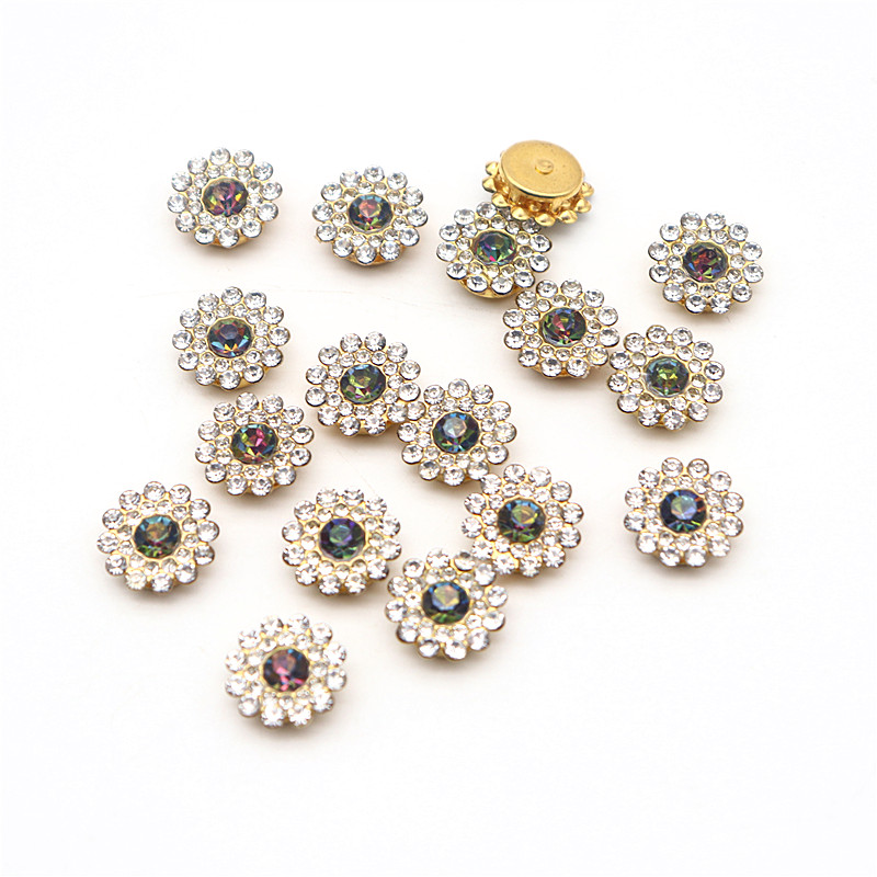 Taladro de flor de sol de 14mm, placa facial redonda cosida a mano, hebilla de taladro hecha a mano, accesorios de cuentas de lazo Diy, diamantes de imitación de doble flor: Latón envejecido / M