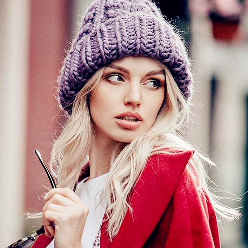 Gorro de lana gruesa para mujer, gorros tejidos a la , cómodos, informales, gorros de lana