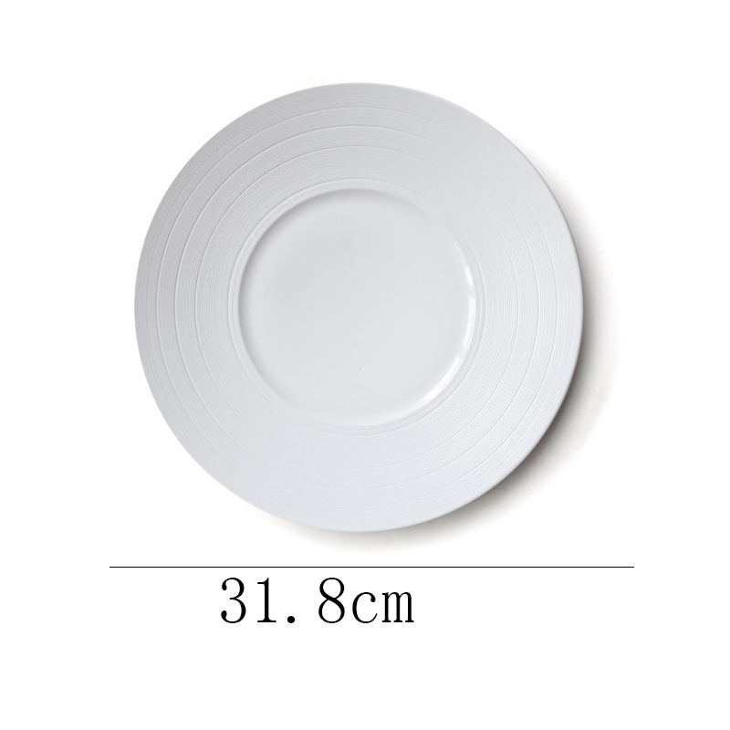 12 Inch White Ceramic Western Food Steak Salad Flat Plate Round Thread Dessert Fruit Breakfast Plate Exquisite Kitchen Tableware