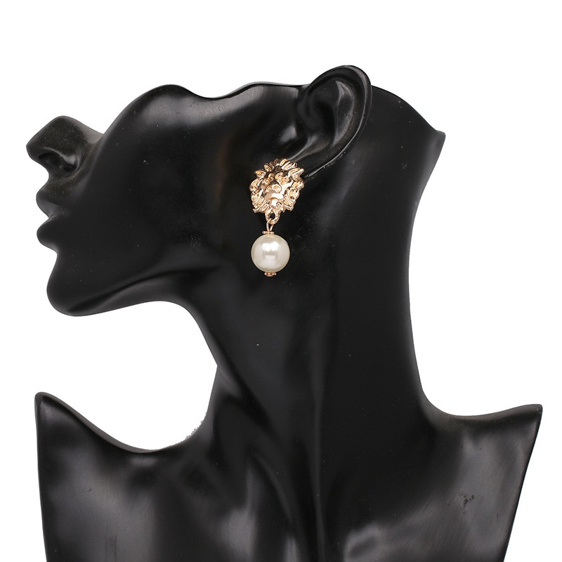 Vintage Lion Head Pearl Earrings for Women Trendy Gold Lion Head Big Dangle Earring Metal Baroque Ear Jewelry