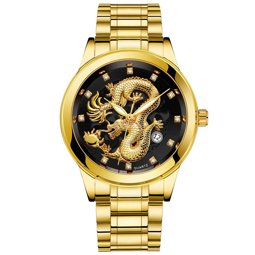 Waterdicht Heren Gouden Draak Sculptuur Quartz Horloge Luxe Mannen Steel Horloge Klok Mujer Vrouwen Horloges