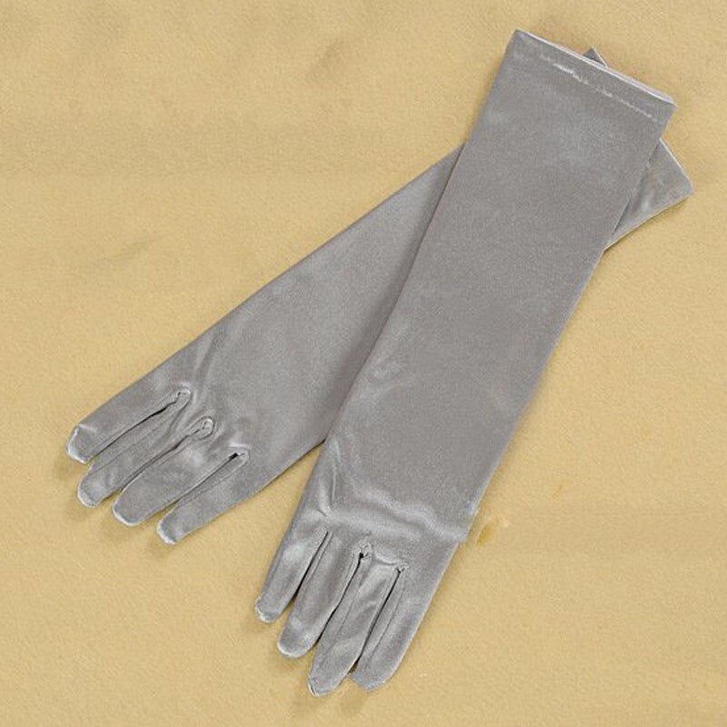 Blå grå guld gul rosa handskar för bal party one size stretch satin armbåge finger kvinnor guantes boda handskar  st017