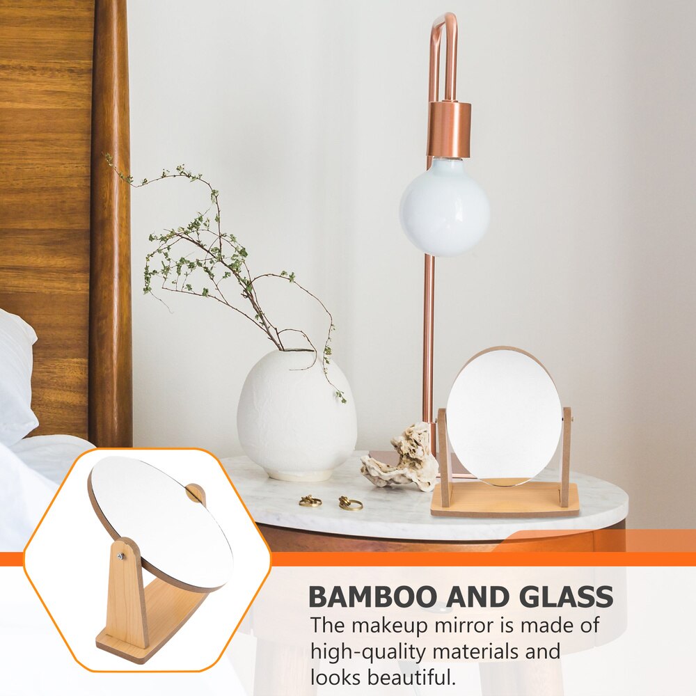 Vanity Makeup Mirror with Natural Wood Stand 360 Degree Swivel Desktop Mirror