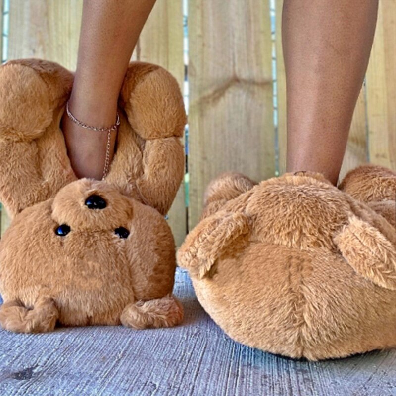 Kvinder sød bjørn plys tøfler tegneserie sød bjørn hus tøfler vinter varm furry faux fur slides kvinde furry flip flop sko
