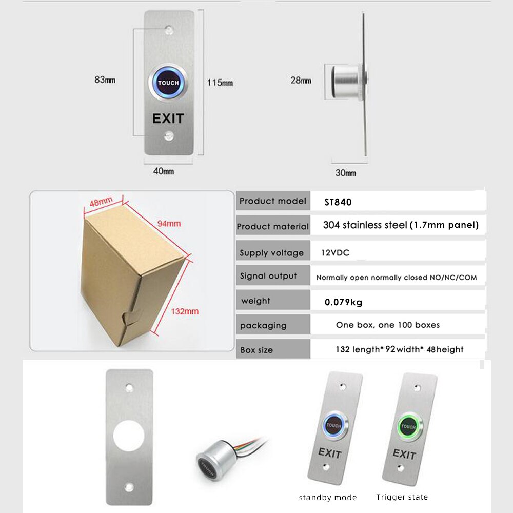 Zinc alloy exit touch Button Push Switch Door Sensor Opener Release for Magnetic Lock Access Control Electric Lock