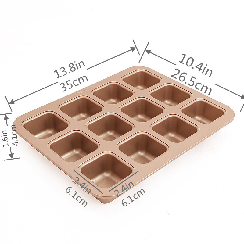 12 Cups Cake Mold Square Mini Bread Burger Muffin Cupcake Mold For Household Non-Stick Baking Pan Oven Trays Pastry Tool: Gold- 12 Cups