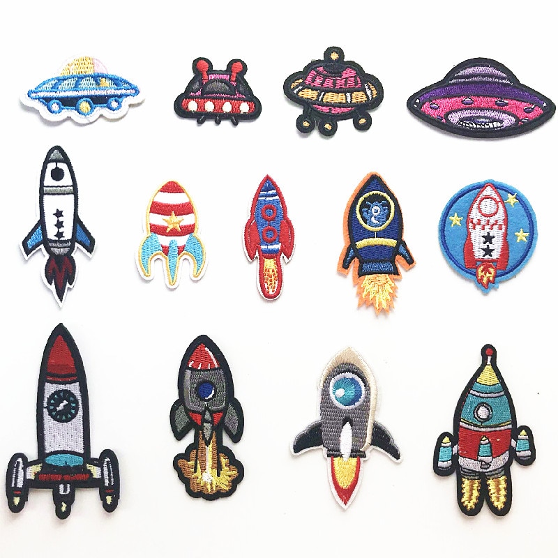 Rocket Flying saucer Space ship Patches Embroidered for Clothing DIY Stripes Applique Clothes Stickers Sewing Iron On Clothes